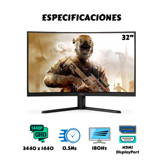 Monitor Gamer AOC Curvo 32” QHD 2K 180Hz 0.5ms | KM Systems